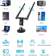 Aigital WiFi Adapter 1200 Mbit/s DualBand USB 3.0 - Vezeték nélküli hálózati vevő 2 antennával, dokkoló állomással laptophoz, PC-hez, Window 2