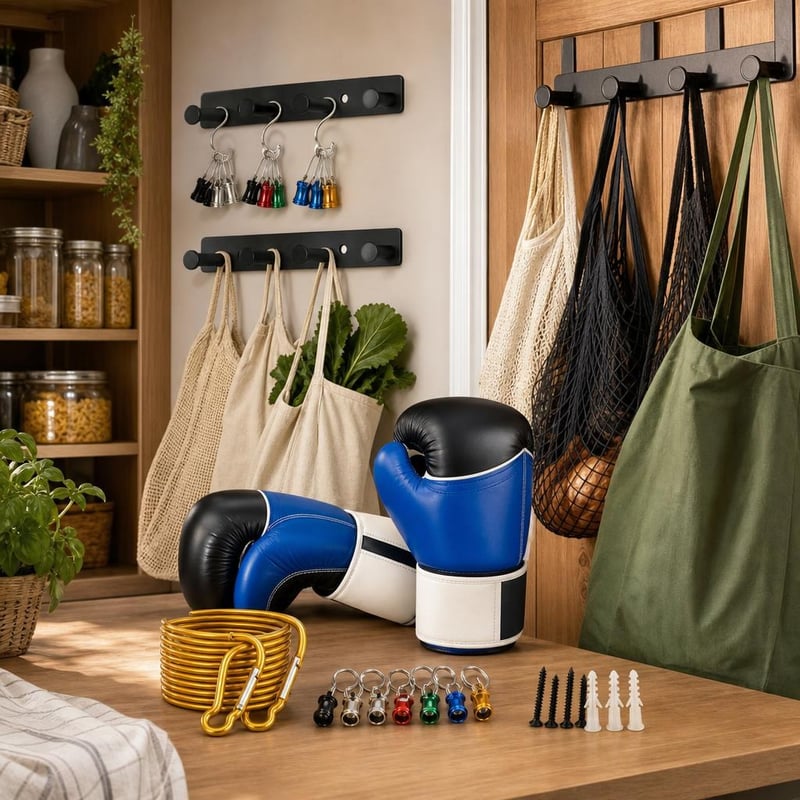 Set za organizaciju doma: 10x kuka za torbe + 2x šina s 4 kuke + šipka + 10x S-kuka