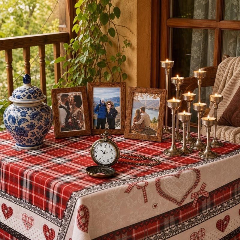 Nostalgic Decor Set: retro džepni sat + 3x okvir za slike + stolnjak + porculanska vaza + 10x svijećnjak