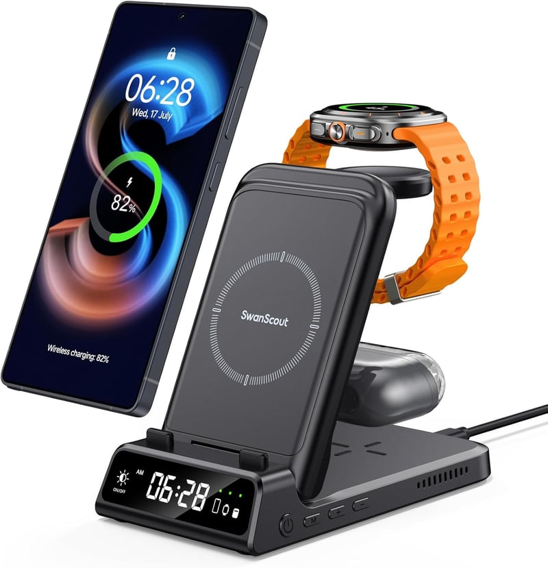 SwanScout 3-in-1 Vezeték Nélküli Töltőállomás Samsung S25/S24/S23/S22/Z Fold 6 Telefonokhoz, Galaxy Watch és Buds Készülékekhez - Indukciós 