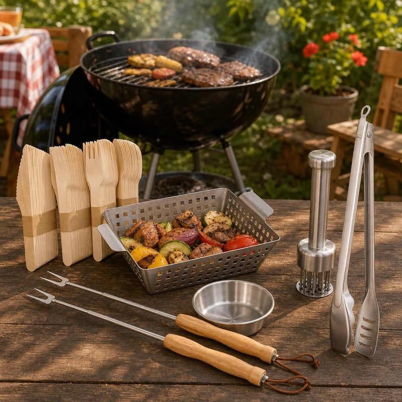 Set Grill Complet: 2x furculițe + coș + frăgezitor + clește + bol + 150 tacâmuri