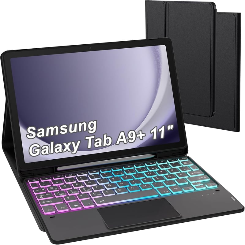 ROOFEI Samsung Galaxy Tab A9 Plus Tok QWERTZ Billentyűzettel - 7 Színű RGB Háttérvilágítás, Bluetooth, Levehető Billentyűzet Trackpaddal, 11