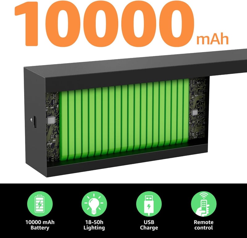 Klighten Akkumulátoros Fali Lámpa 2db - 10000 mAh Tölthető, Távirányítós, Fényerőszabályozós, 100 cm, 6W, 3000K-6000K, Fekete, Nappali Világ