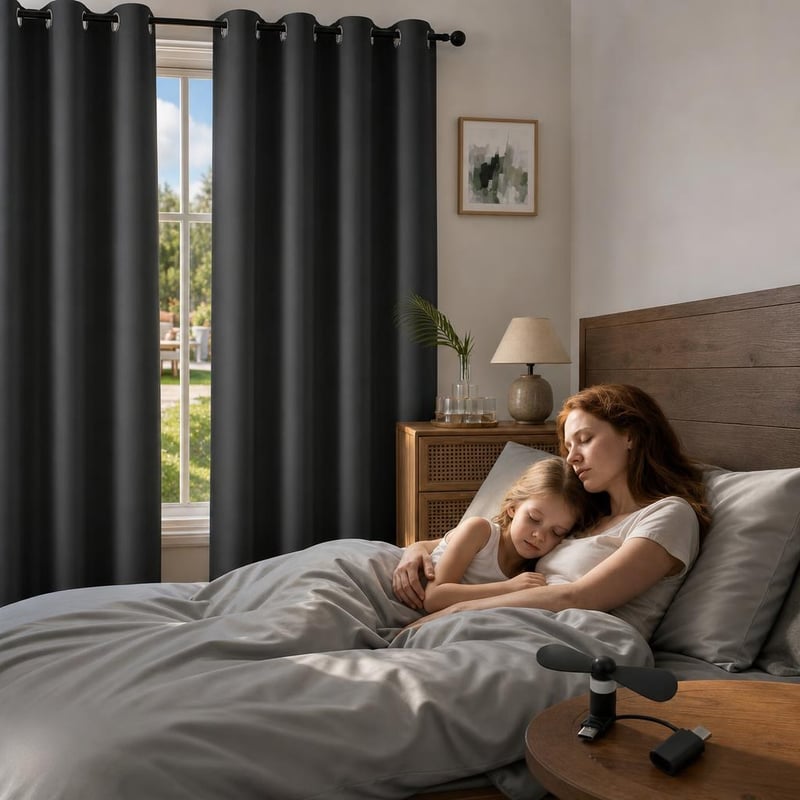 Balíček proti horúčavám: 2x termo záves + 2x saténová obliečka + mini USB ventilátor