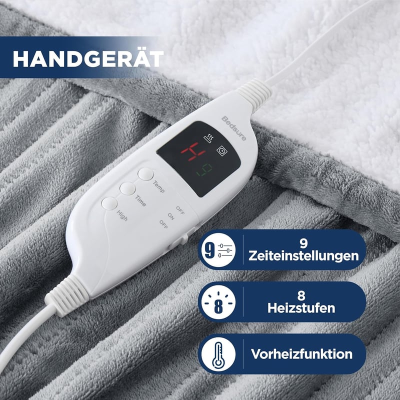 Bedsure Elektromos Takaró 180x200cm - 8 Fokozatú Gyorsmelegítő Pléd Időzítővel