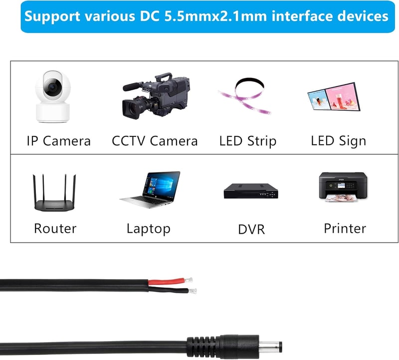GINTOOYUN DC Tápkábel 5.5x2.1mm - 3 Láb Hosszú Csupasz Végű Adapter Kábel CCTV Biztonsági Kamerákhoz, LED Szalagokhoz, DVR Rendszerekhez (2 