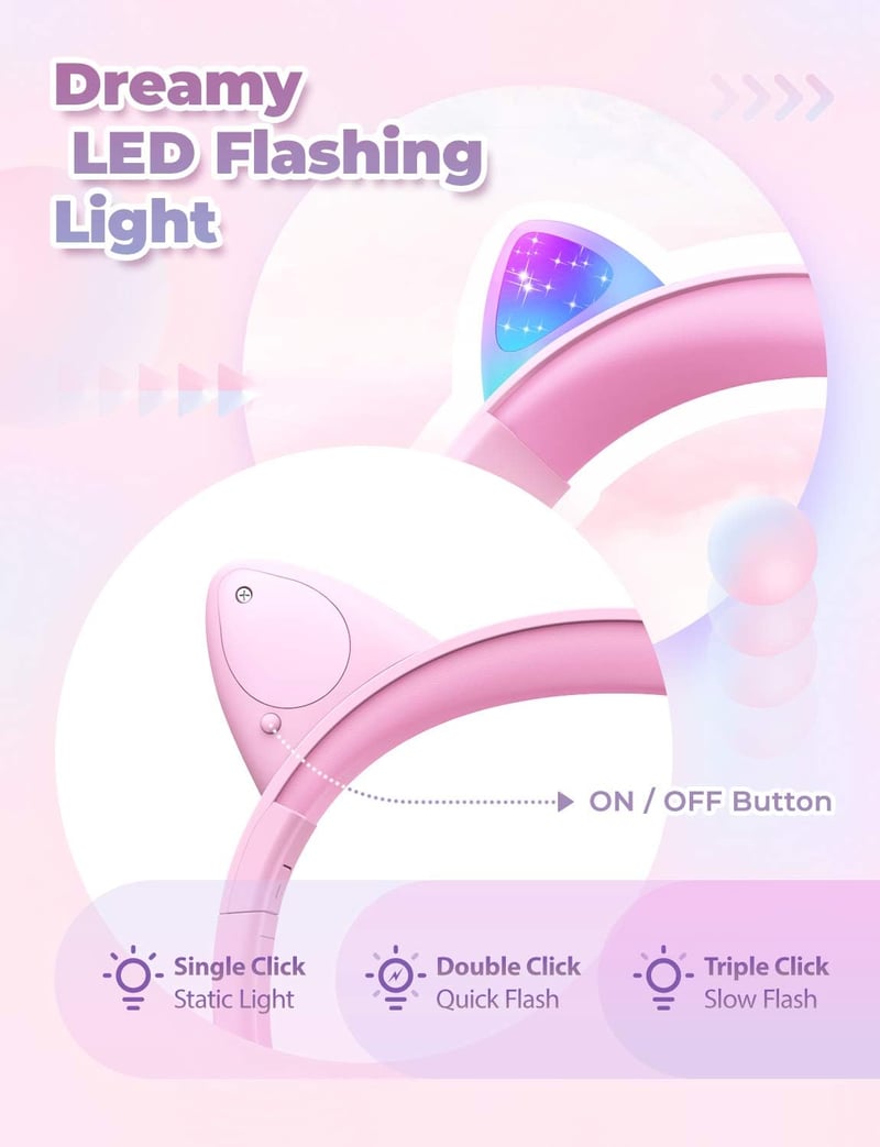 iClever LED-es Macskafüles Gyerek Fejhallgató, 94dB Hangerőkorláttal