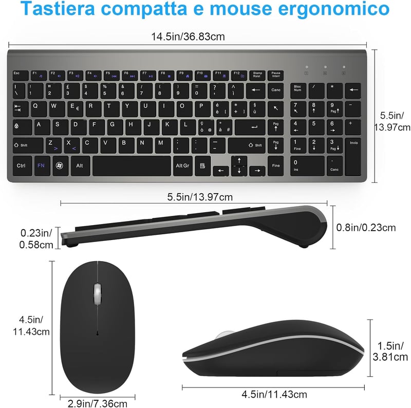 Olasz QWERTY USB billentyűzet és egér szett - GALENMORO vezeték nélküli, ergonomikus, csendes, Windows kompatibilis