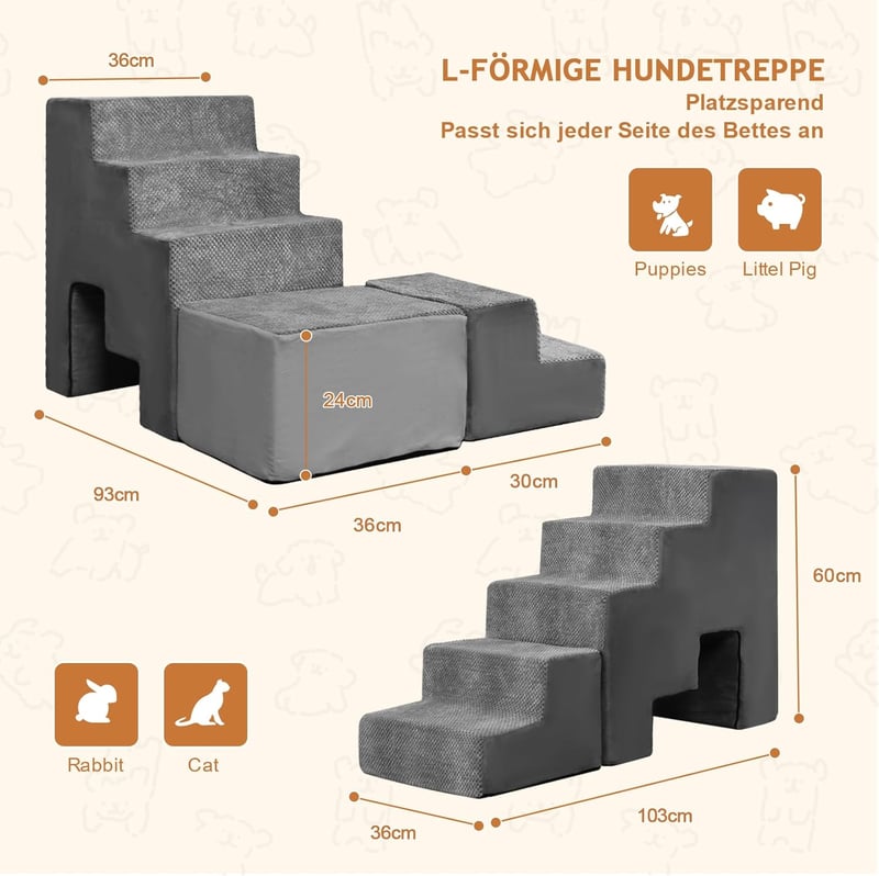 LitaiL Kutya Lépcső 60 cm Magas - Többcélú, Csúszásmentes Hab Kisállat Lépcső Ágyhoz, Boxspring Ágyhoz - Kutyáknak, Macskáknak