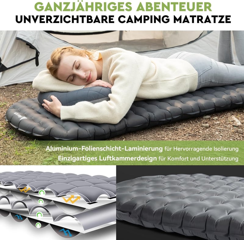 HIKENTURE Ultrakönnyű Kempingmatrac 6.2 R-Értékkel - 8 cm Vastag Felfújható Matrac Túrázáshoz, 4 Évszakos Használatra, Kis Csomagméret