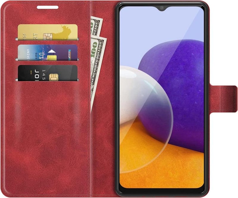 Samsung Galaxy A22 5G mágneses flip tok állvánnyal - szürke PU bőr védőtok