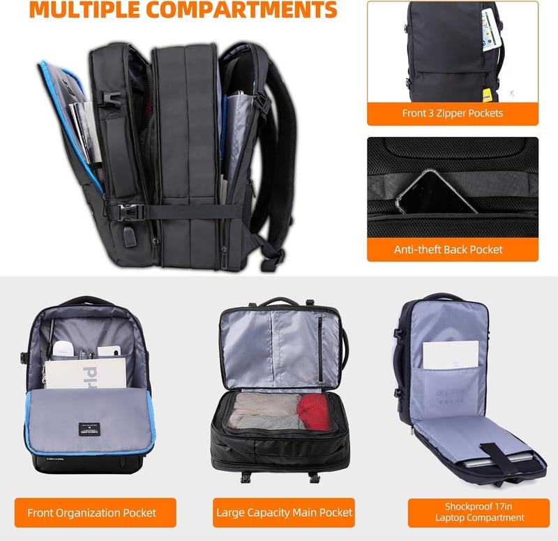 KINGSLONG 40L Kézipoggyász Hátizsák 19" Laptophoz - Bővíthető Vízlepergető Utazótáska USB Töltőporttal és 20L Vákuumtasakkal - Black - 46l - Pump Not Included