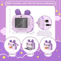 CAMCLID Gyerek Digitális Fényképezőgép, Lila, 32GB SD Kártyával és Hőpapírral 7
