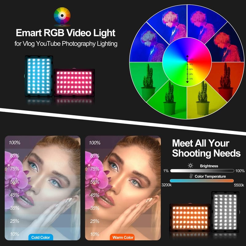 EMART RGB LED Videó Lámpa Szett - 5500K Állítható Fényerő, USB, Tripod Állvánnyal, Streaming, YouTube, Fotó Stúdió Világítás