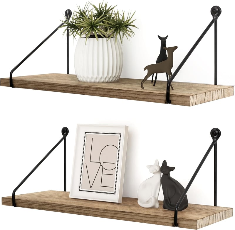 Afuly Rusztikus Fali Polc Szett - Natúr Fa és Fekete Fém Kombinációja - 2 db Könnyű Polc Fürdőszobába, Nappaliba, Konyhába - 40x15,5 cm