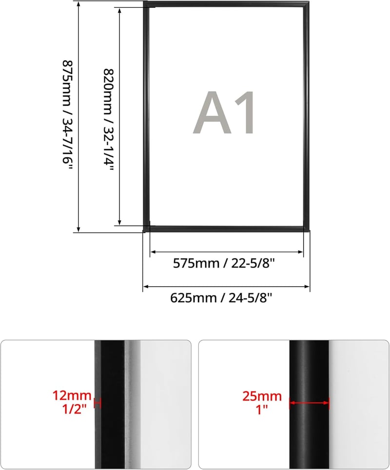 QWORK 5 db A1 méretű (59,4 x 84,1 cm) elölnyíló poszter keret, tükröződésmentes védőpanellel - 25 mm-es fekete alumínium profil