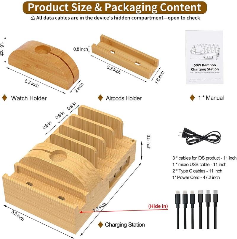 Alltripal Bamboo Töltőállomás 7 Portos USB Gyorstöltő - Többeszközös Telefontöltő Állvány iPhone, Samsung, Huawei Készülékekhez