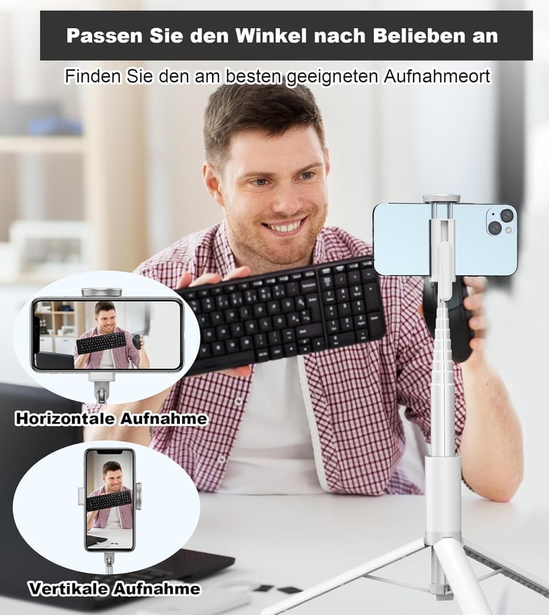 TONEOF 152cm-es Fehér Alumínium Szelfibot Állvány iPhone és Android Telefonokhoz, Vezeték Nélküli Távirányítóval - 173cm, Beige Grey
