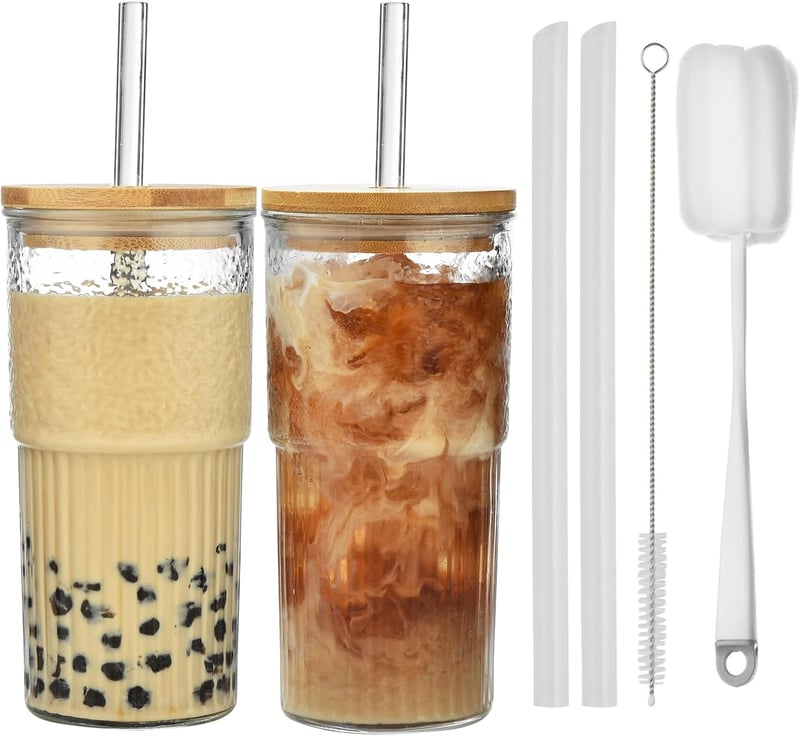 Vitever 2db-os Bubble Tea pohár szett 600ml, csíkos üveg fedéllel