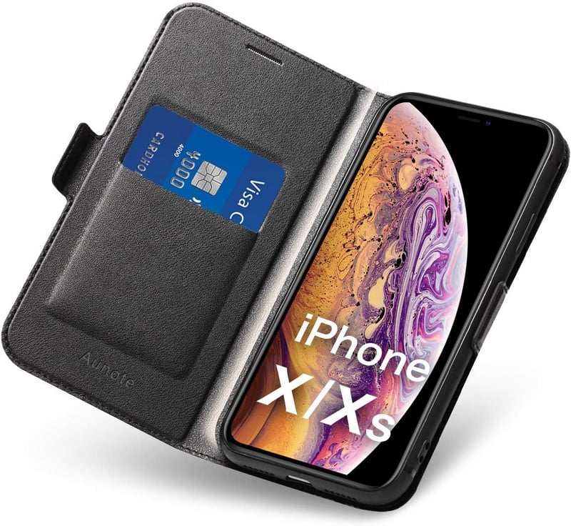 iPhone X/XS Fekete Flip Tok - Aunote Prémium Védőtok Kártyatartóval