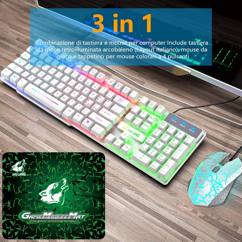 ZIYOU LANG Gamer Billentyűzet és Egér Szett - Fehér, RGB LED Háttérvilágítás, 2400 DPI, Vízálló, 6 Gombos Egér, Egérpad, USB, PS4/Xbox Kompa