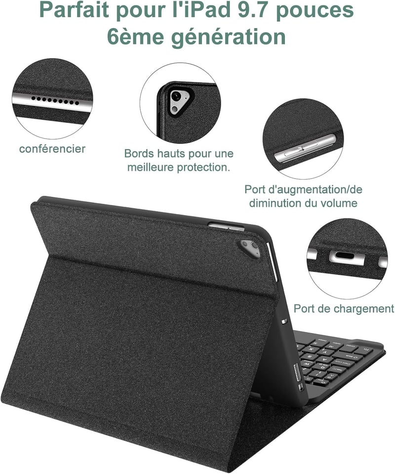 SENGBIRCH iPad 9.7" Tok Francia AZERTY Bluetooth Billentyűzettel - Kompatibilis iPad 6, 5, Pro 9.7, Air 2, Air Modellekkel, Levehető, Automa