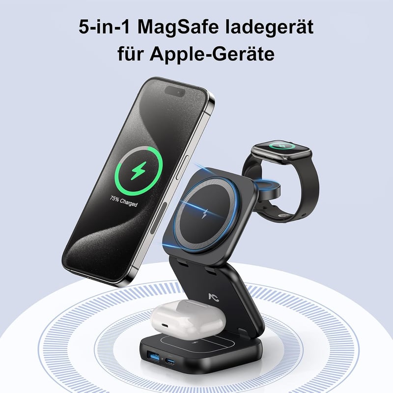 AC ISLAND 5 az 1-ben Összecsukható Vezeték Nélküli Töltőállomás iPhone 15/14/13/12, Apple Watch és AirPods Pro/3/2 Készülékekhez, MagSafe Ko