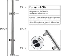 ABONOK 304-es Rozsdamentes Acél Üvegkorlát Oszlop 105 cm - Erkély, Terasz, Lépcső Korlátrendszer Üvegbilincsekkel, 42 mm Csőátmérő, 10-12 mm 4