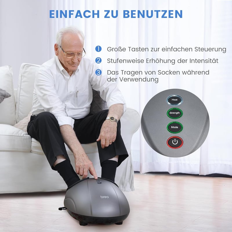 Breo elektromos lábmasszírozó gép melegítéssel, shiatsu és légkompresszió, 46-os méretig
