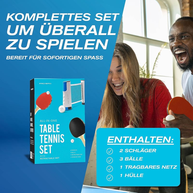 PRO-SPIN Pingpongütő Szett Hálóval, 3 Csillagos Labdákkal és Táskával - 2 Ütős Készlet