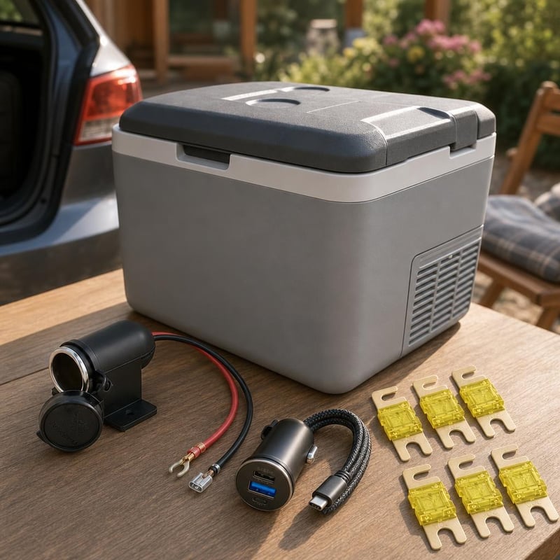 Autokemping set: 24l chladiaci box + 12/24V zásuvka + 54W USB-C nabíjačka + 6x poistka