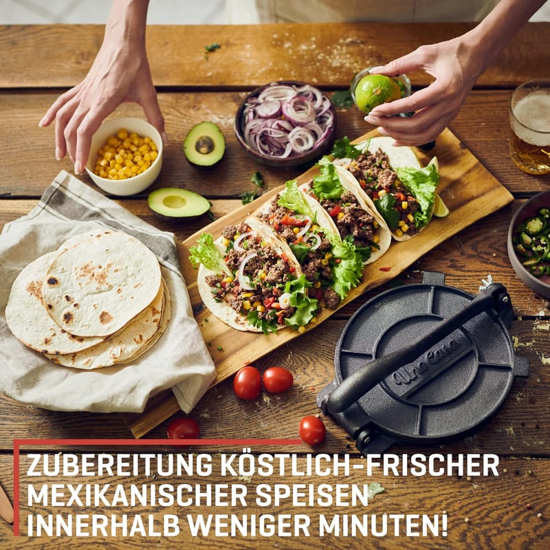 Uno Casa 20 cm-es Mexikói Tortillaprés - Előkezelt Öntöttvas Taco és Quesadilla Készítő 100 db Sütőpapírral