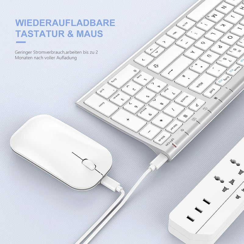 seenda Vezeték Nélküli Billentyűzet-Egér Szett - Újratölthető, Ultravékony Fém Billentyűzet QWERTZ Kiosztással PC/Laptop/Smart TV-hez, Fehér