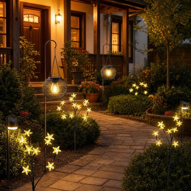 Fényösvény napelemes kertvilágítás: 2 db szolár kerti lámpa + 4 db csillaglámpa, 80 LED + leszúrható lámpa