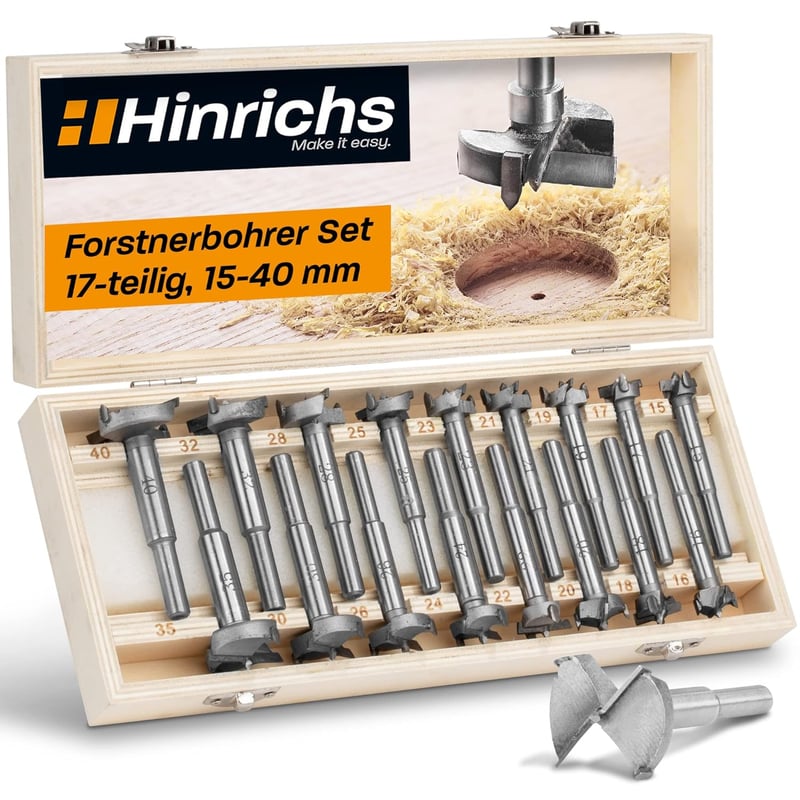 Hinrichs 17 részes forstner fúrószár készlet fadobozban, 15-40 mm