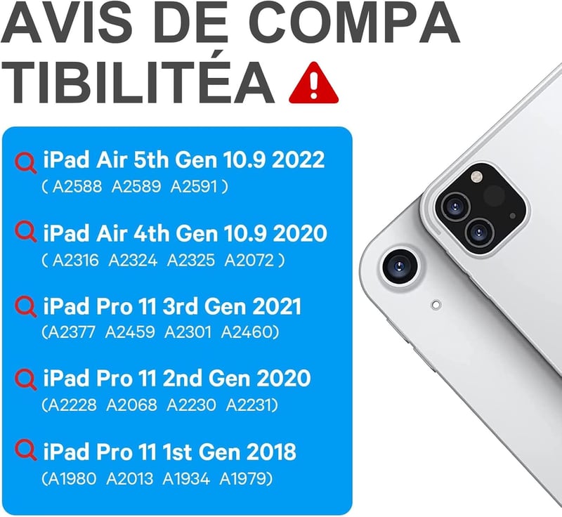 SENGBIRCH Bluetooth Billentyűzet iPad Air 5/4 és iPad Pro 11 Tablethez - Levehető, Védőtokkal, Francia Kiosztással, Pencil Tartóval, Fekete