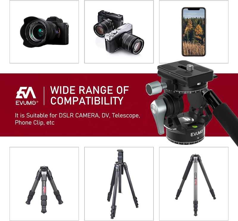 EVUMO Mini Állványfej - Dupla Panoráma 360° Kameraállvány Videófej, 250g Fluid Fej, Arca-Swiss Kompatibilis, DSLR/Kamera/Telefon, 4kg Teherb