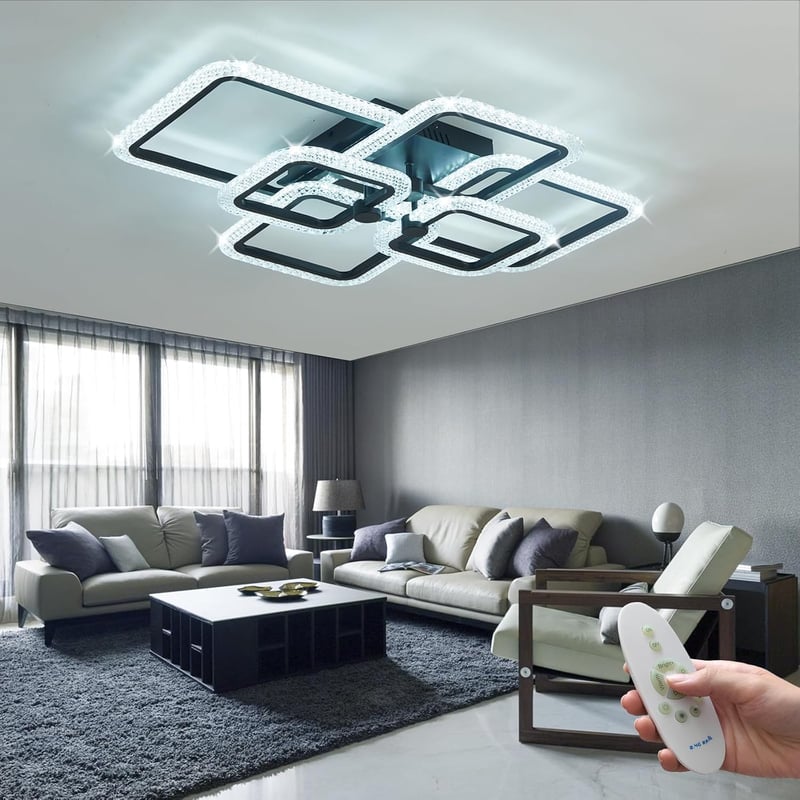HiHiHomy LED Mennyezeti Lámpa - 6 Négyzetes Keret, Távirányítós, Szabályozható Fényerő, 3000K-6500K, Fekete, Modern Kristály Dizájn, 3000 Lu