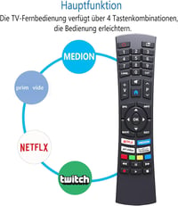FOXRMT RC1822 Univerzális Távirányító Medion Ultra HD Smart TV-hez - Netflix és Prime Videó Gombokkal, 10m Hatótávolság, Előre Konfigurált,  3