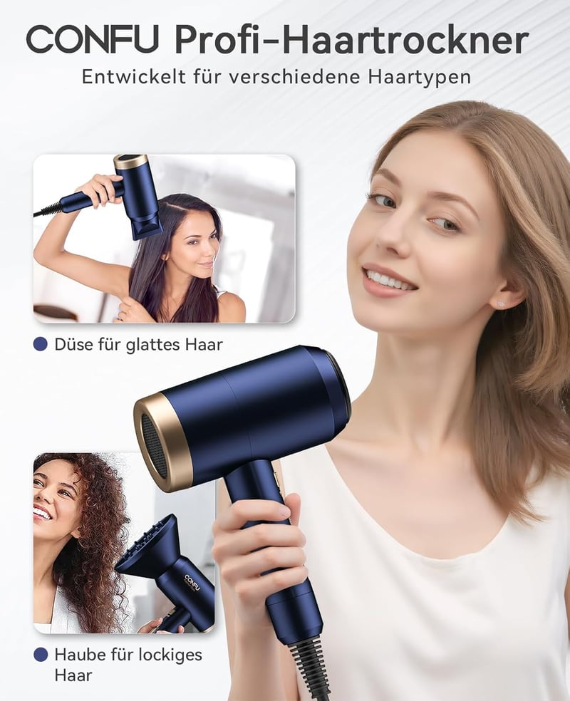 CONFU Ionos Hajszárító 1800W - Hordozható Utazási Hajszárító Szűkítővel és Diffúzorral, 3 Hőfokozat, Fokozatmentes Sebesség, Rózsaszín
