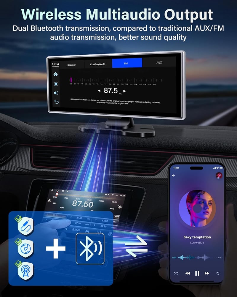 Jansite 11,26" CarPlay Autós Kijelző 2.5K Fedélzeti Kamerával - Bluetooth Tükrözés, Tolatókamera, Siri Támogatás, 64GB TF Kártya, Apple CarP