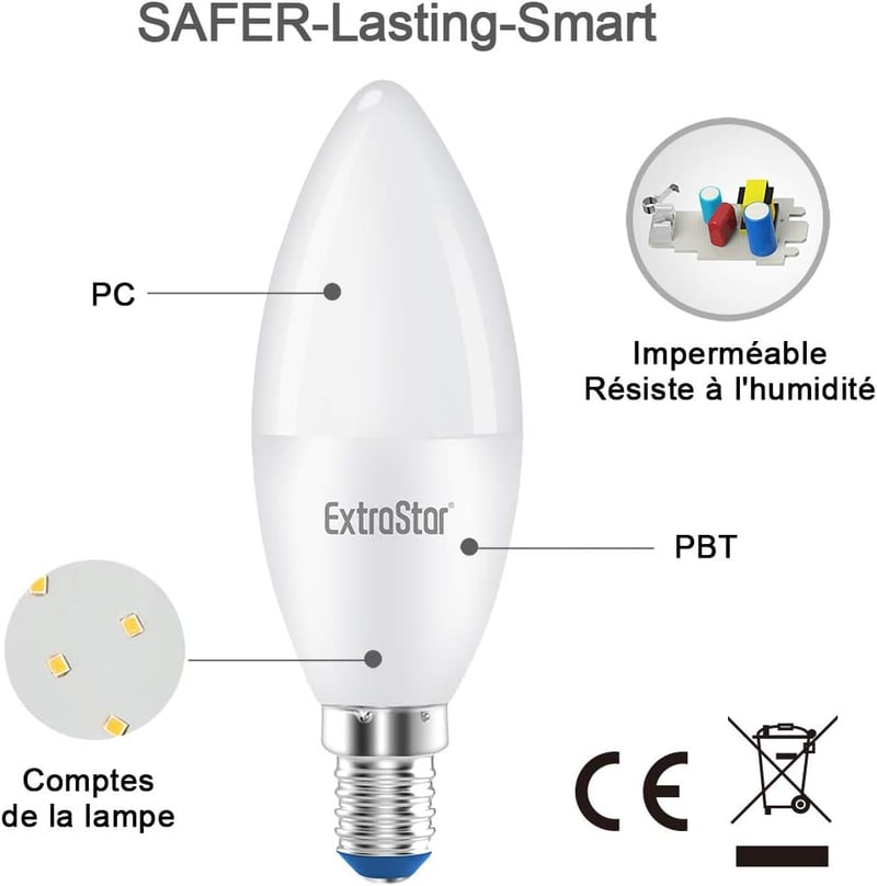 EXTRASTAR E14 LED Izzó, C37, 6W (48W), 480lm, 6500K Hideg Fehér, Nem Szabályozható, 6 Darabos Csomag, Energiatakarékos