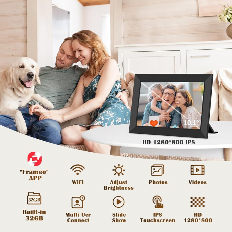 WONNIE Digitális WiFi Képkeret 10.1" HD IPS Érintőképernyővel - 32GB Memória, Frameo App, Fotó és Videó Megosztás, Automatikus Elforgatás