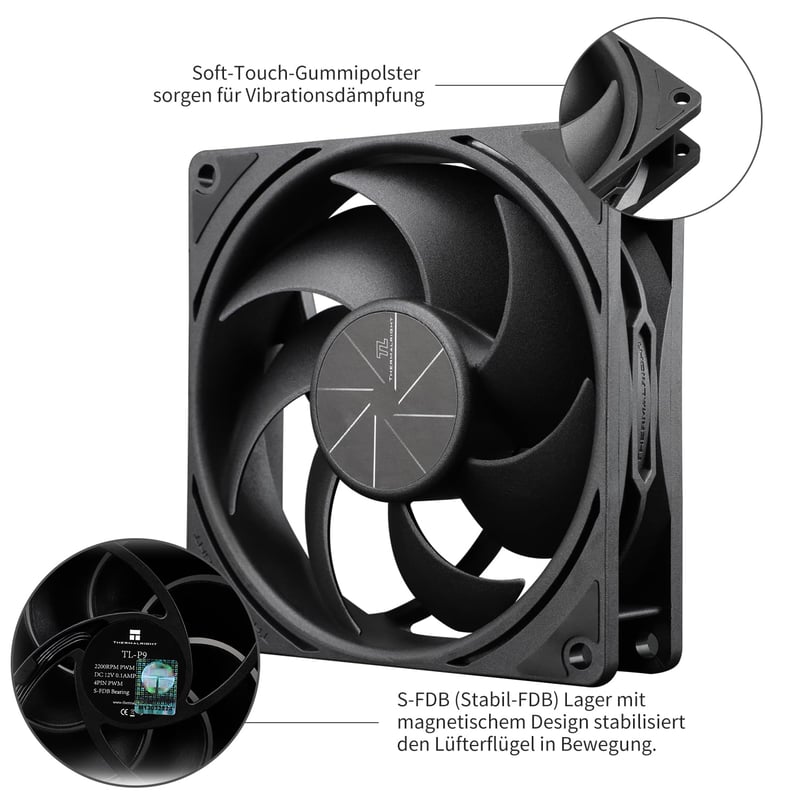 Thermalright TL-P9-S 92mm ARGB CPU hűtő ventilátor, csendes, 2200 RPM, fekete