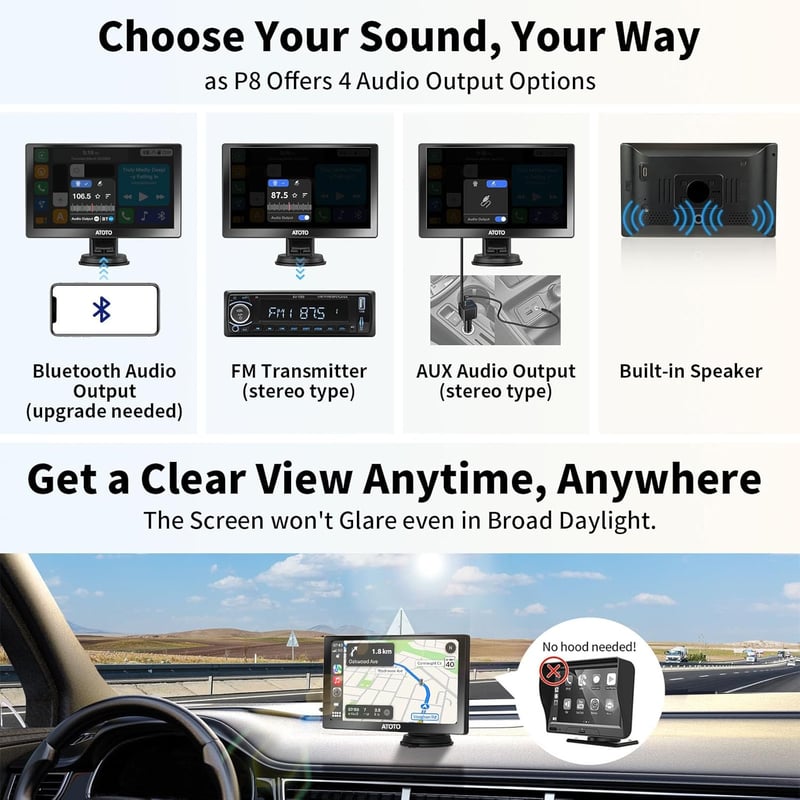 ATOTO P8 Hordozható 7" QLED Autós Navigáció 1080P Tolatókamerával, Vezeték Nélküli CarPlay és Android Auto, Távirányítás, Automata Fényerő, 
