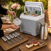 Set Bufet: 10 clești inox + ladă frigorifică 26L + sosieră 480ml + tavă salcâm 1