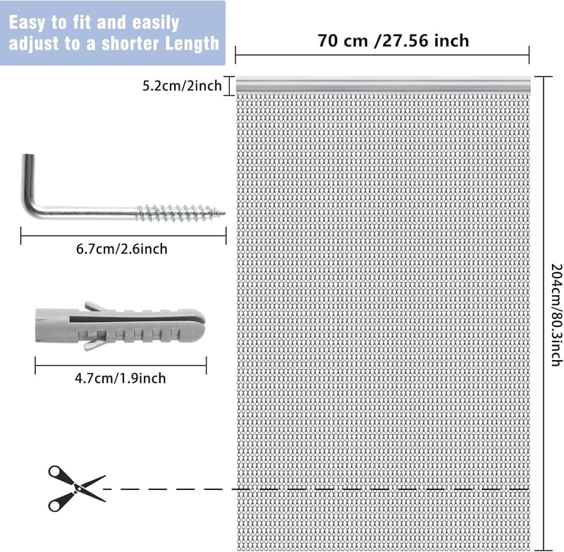 VerRich Alumínium Szúnyogháló Függöny 70x200 cm - Szürke Láncos Ajtóroló, Beltéri Ajtókhoz, Állítható Hosszúságú Rovarháló