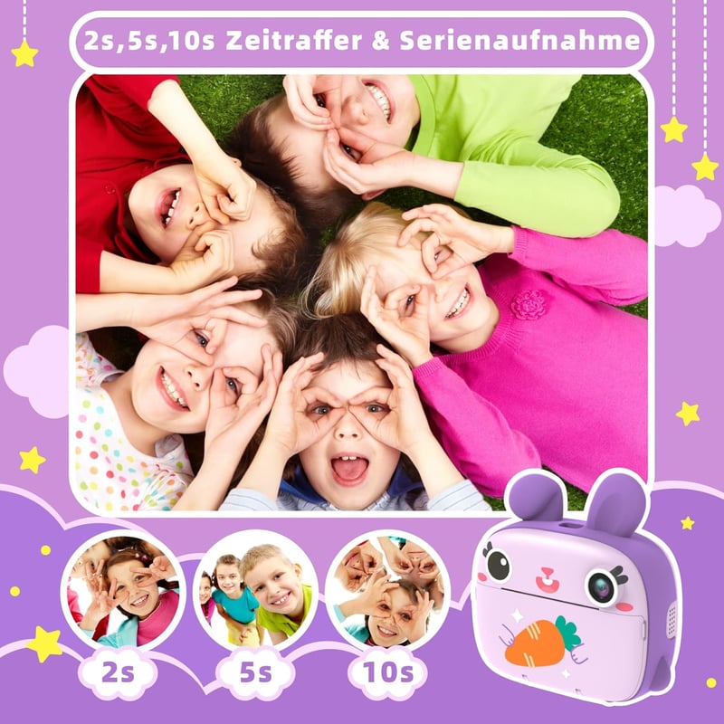 CAMCLID Gyerek Digitális Fényképezőgép, Lila, 32GB SD Kártyával és Hőpapírral