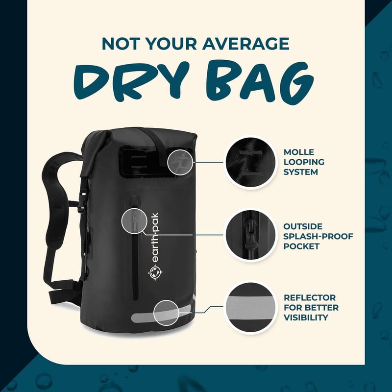 Earth Pak Summit vízálló hátizsák 35L fekete, rolltop zárás, erős cipzár, telefontokkal