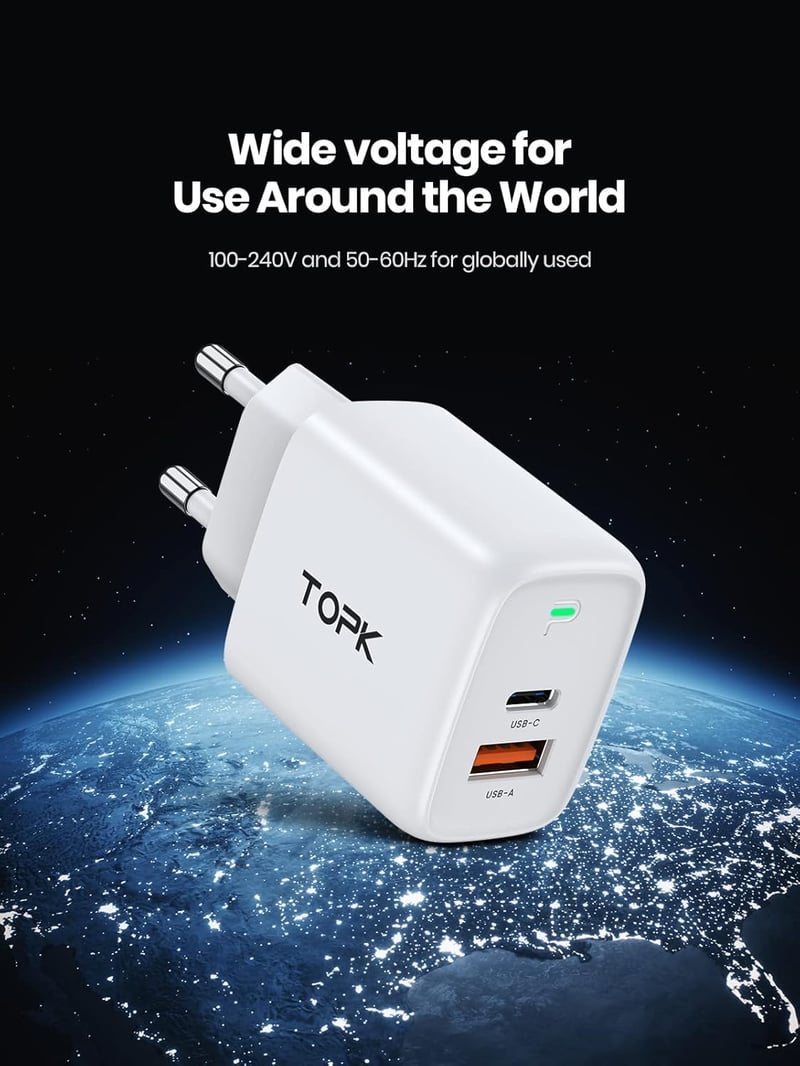 TOPK 20W PD 3.0 USB-C gyorstöltő 2 portos, fehér - Okostelefonokhoz és tabletekhez
